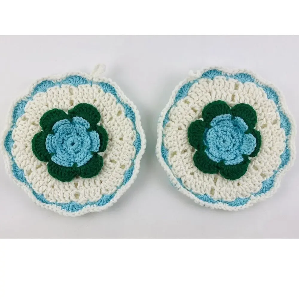 2 Handmade Crochet Potholder Trivet HotPads 3D Raised Blue Green Flowers Thick 8